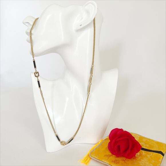 GIVENCHY Vintage Enamel 'G' Station Necklace Black Gold - Picture 1 of 11